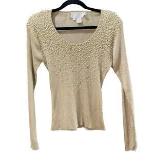 Vintage Cache Cream Beaded Round Neck Long Sleeves Blouse Top Size Large